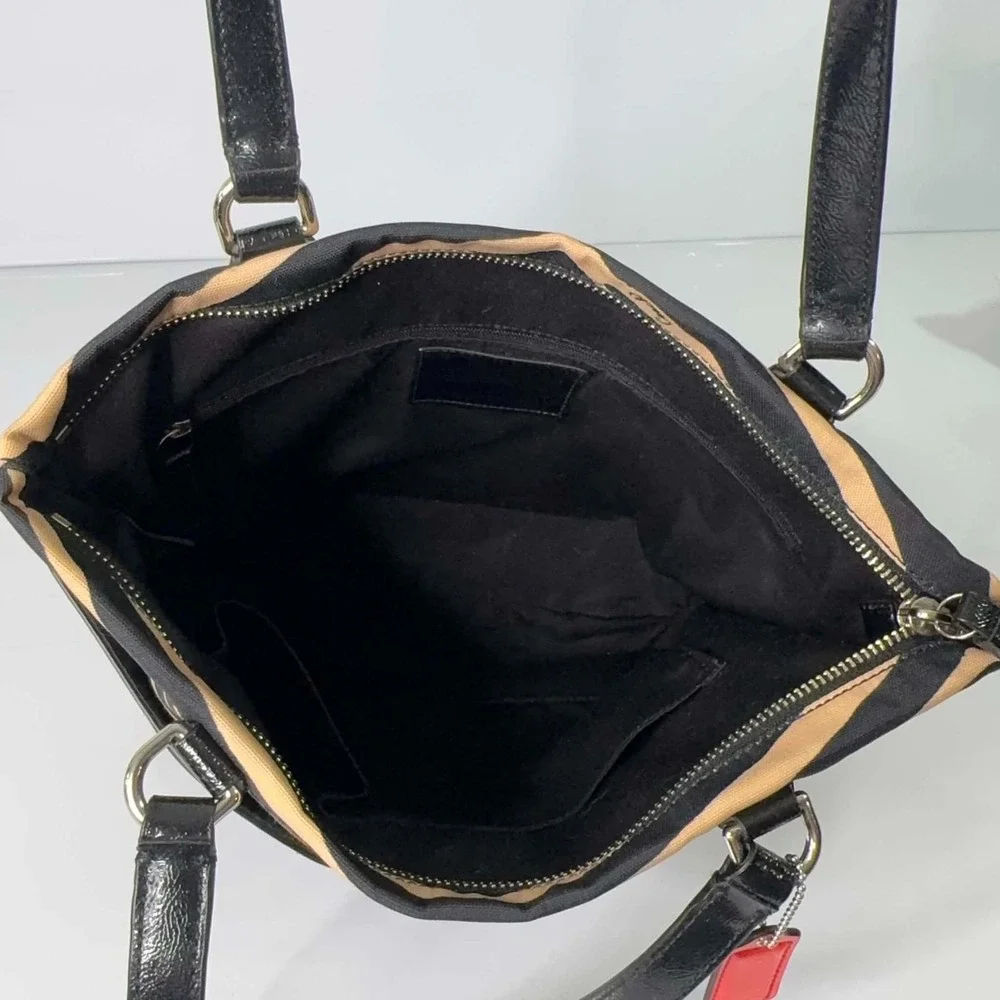 Coach F23283 Signature Stripe Zebra Print Tote Black Tan Patent Shoulder Bag Y2K